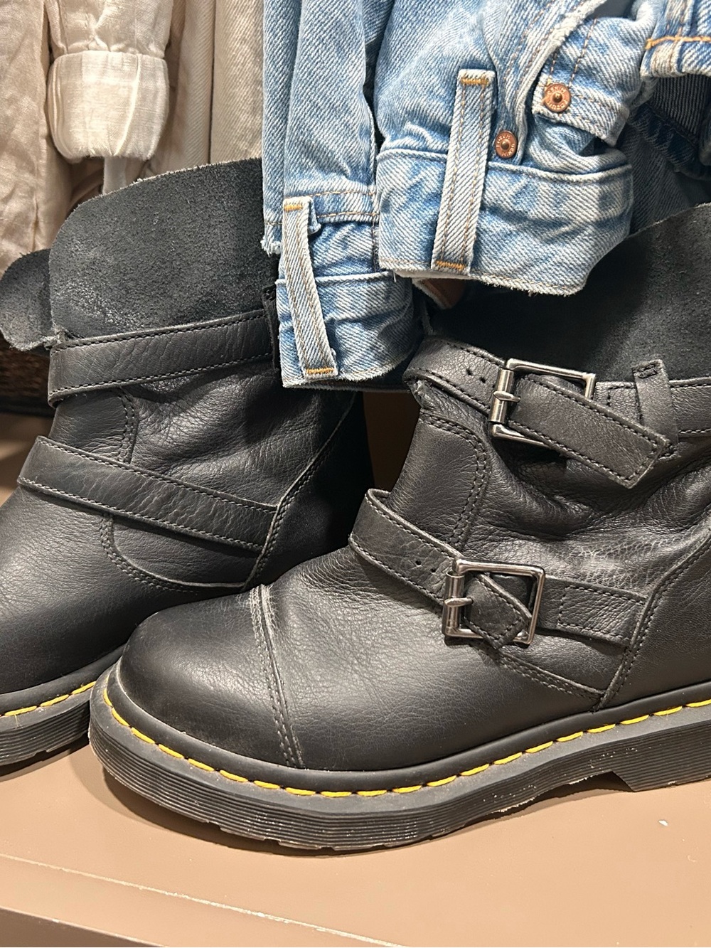 Dr. Martens Black Leather Combat Boots with Yellow Welt Stitching